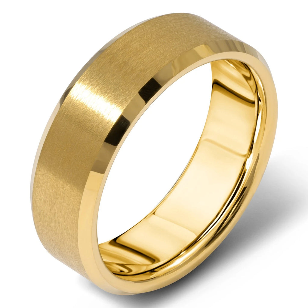 8mm Gold Tungsten Ring Brushed Beveled Mens Wedding Band
