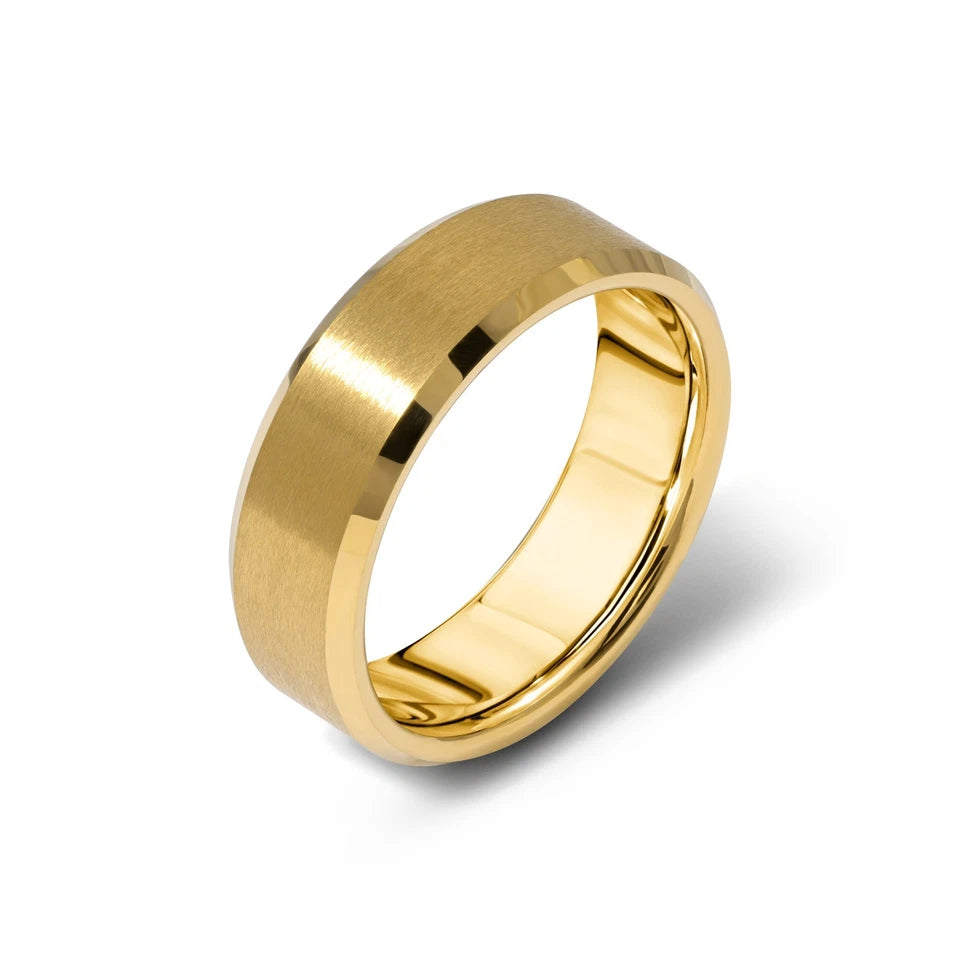 8mm Gold Tungsten Ring Brushed Beveled Mens Wedding Band