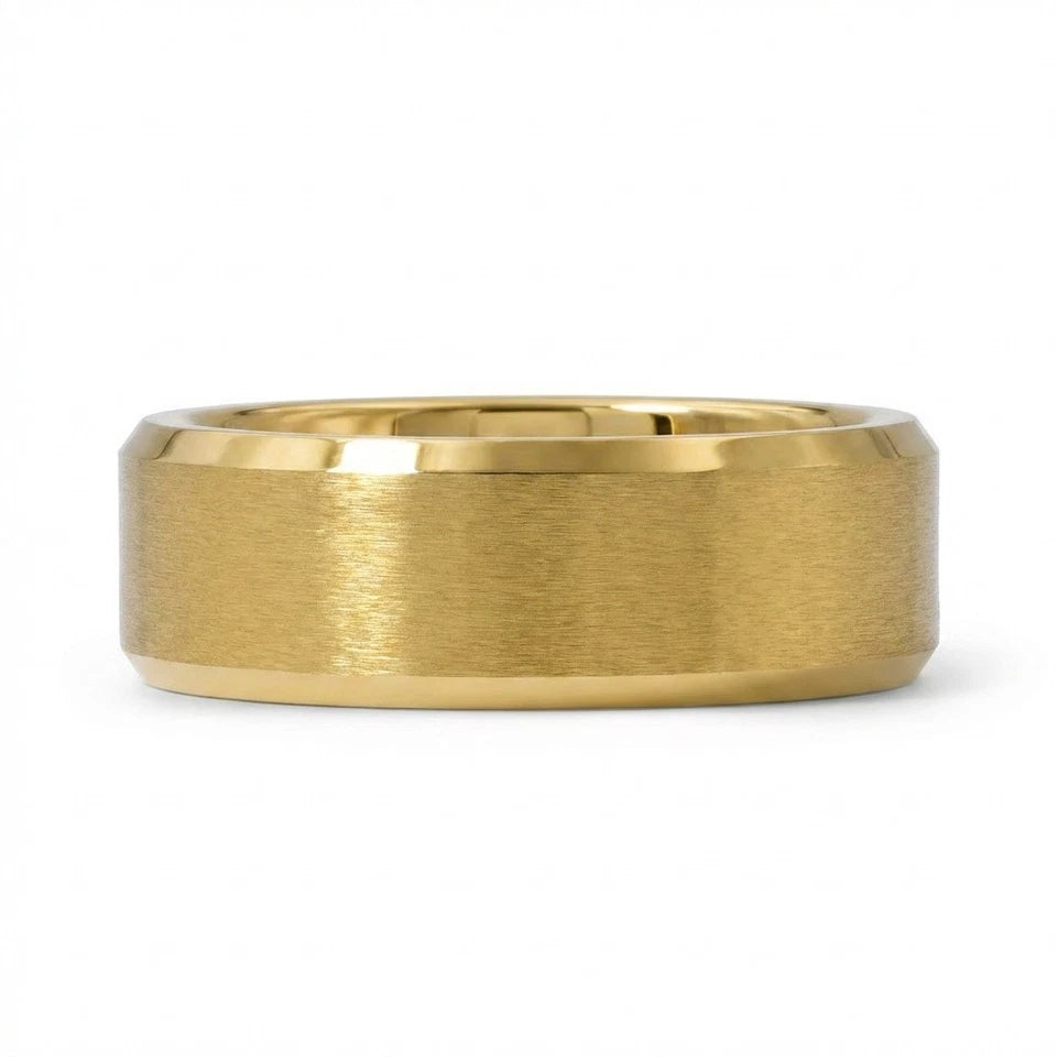 8mm Gold Tungsten Ring Brushed Beveled Mens Wedding Band