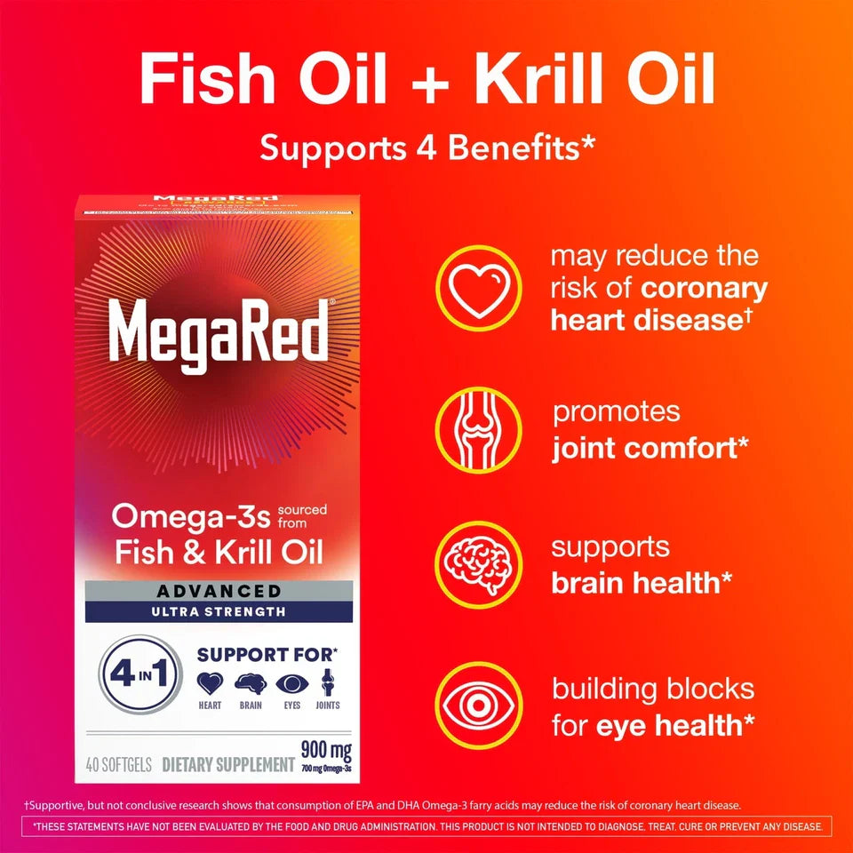 MegaRed Advanced Ultra Strength Omega-3s Fish & Krill Oil Softgels, 900mg, 40 Ct